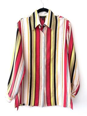 Halston Lifestyle 100% Silk Vintage Striped Blouse Top Primaries Modern Business